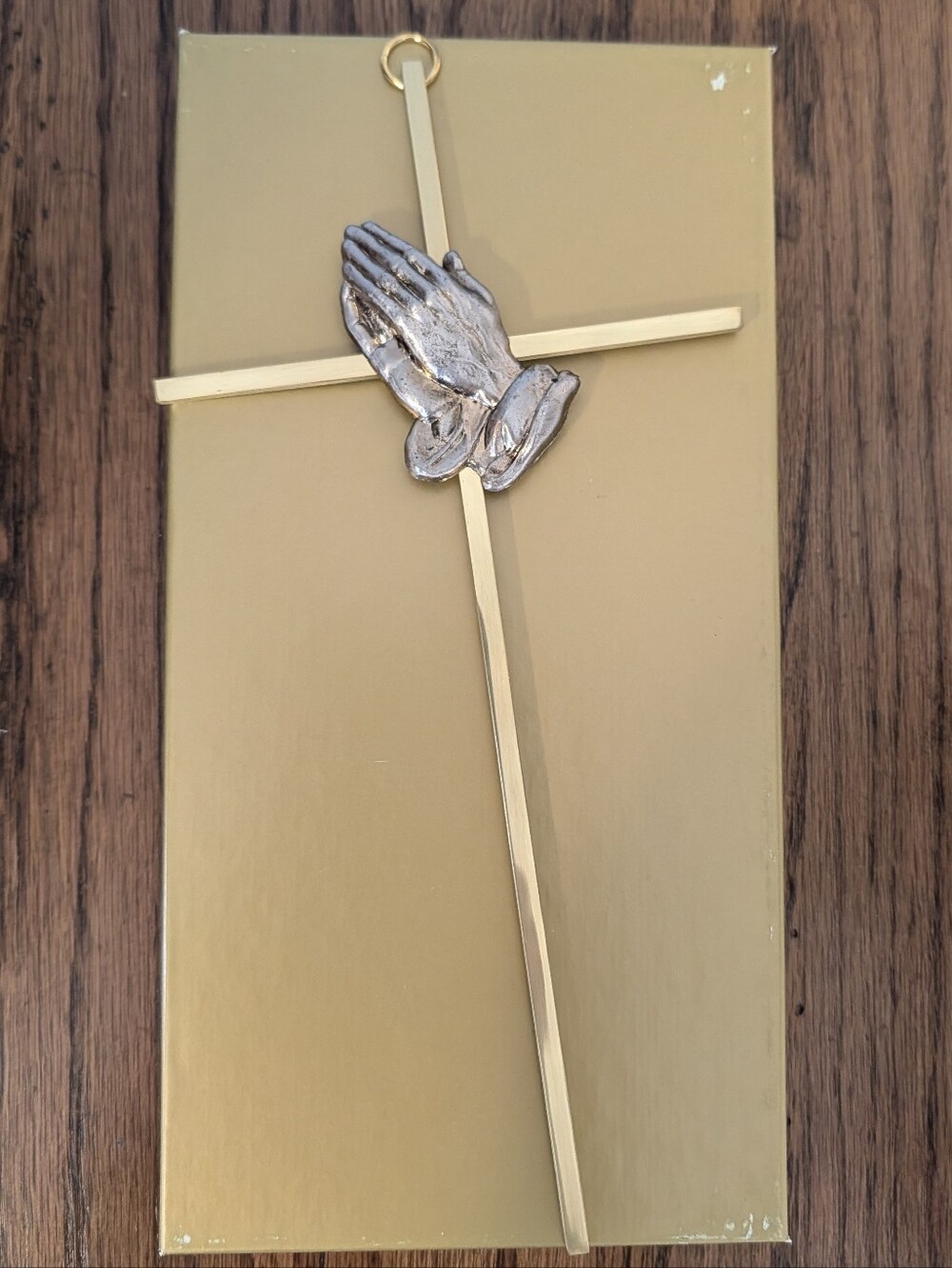 Vintage Religios Cross Wall Hanging w/ Silver Praying Hands